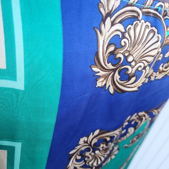 Cache Satin Green Blue Dress Beige Butterfly Scroll Chain Equestrian Print Sz M - Picture 11 of 16